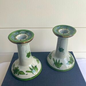 Tonala Folk Art Ceramic Hand Painted Floral Bird Candlestick Holders Set Of Two